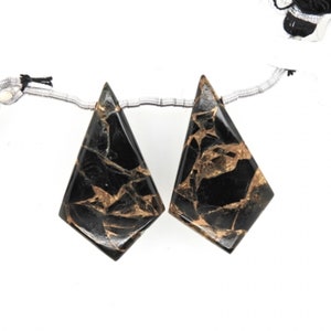Copper Black Obsidian Drops Shield Shape 29x17mm Drilled Beads Matching Pair,  Glassy Luster, Smooth Briolettes For Earring Making (29871)
