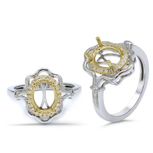 Oval 9x7mm Ring Semi Mount In 14k Dual Tone (white/yellow) Gold With Diamond Accents, Wedding Halo Ring Semi Mount, Jewelry Gift (55085)