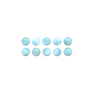 May include: Ten round, polished larimar gemstones, each displaying a pale blue hue with subtle white marbling. The stones are arranged in two rows of five against a white background, showcasing their natural beauty.