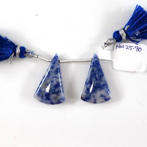 May include: Two blue and white triangular gemstones with a silver bar connecting them. The gemstones are attached to a blue tassel on one end and a tag with "NW25-90" on the other.