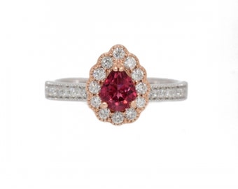 Anillo de espinela roja en forma de pera de 0,63 quilates con halo y detalles de diamantes en oro blanco y rosa de 14 k, piedra natal de agosto, ideal para ella (22463)