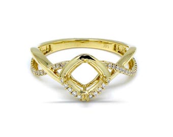 14K Yellow Gold Cushion Shape 6mm Ring Semi Mount, Diamond Accents, Blank Setting (54644)