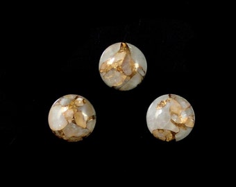 Copper Calcite Cab Round 10mm Approximately 11 Carat, Beautiful Ivory and Gold Tones, Smooth Flat Bottom Cabochon, For Jewelry Making (8371)