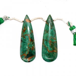 Copper Azurite Malachite Drops Almond Shape 40x13mm Drilled Beads Matching Pair, Nice Green and Copper Color, Smooth Briolettes (6926)