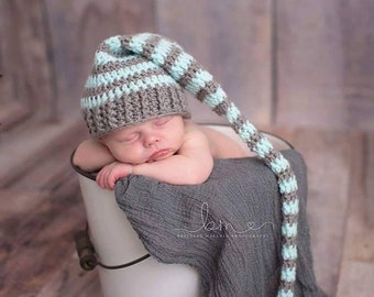 Newborn Stocking Cap - Long Tail Pompom Baby Hat - Newborn Elf Hat - Sleeping Baby Photography Prop - Striped Baby Hat - New Mom Gift