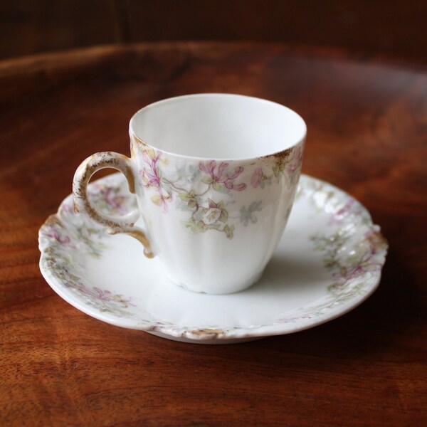 Limoges Floral Demitasse Teacup and Saucer ~ Porcelain ~ Delicate Floral Design with Gold Gilding ~ Red Mark Limoges France LR & R