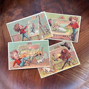 1880s Victorian Trade Cards. Artist Caricature with Wild Hair, Dogs and Cats, Antique Journaling Scrapbooking Ephemera, Collectible Paper