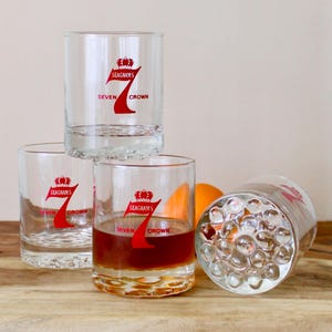 Vintage Seagram&#39;s 7 Crown Low Ball Glasses, Rare Pebbled Bottom, Collectible MCM Barware, Unique Gift, Whiskey and Bourbon Glasses