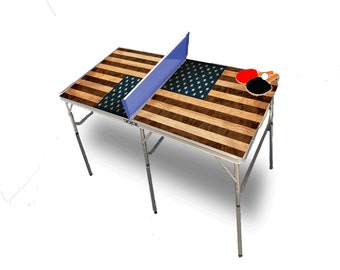 American Flag Wood Look Portable Tennis Ping Pong Folding Table w/Accessories