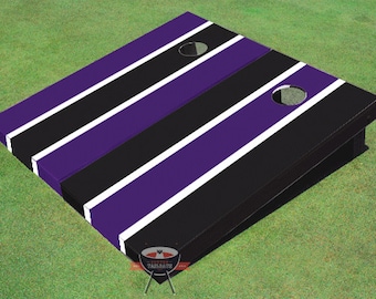 Painted Corn Hole Black and Purple Alternating Long Stripe Cornhole Boards