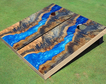 Custom Corn Hole River Table Look Blue Graphic Cornhole Boards