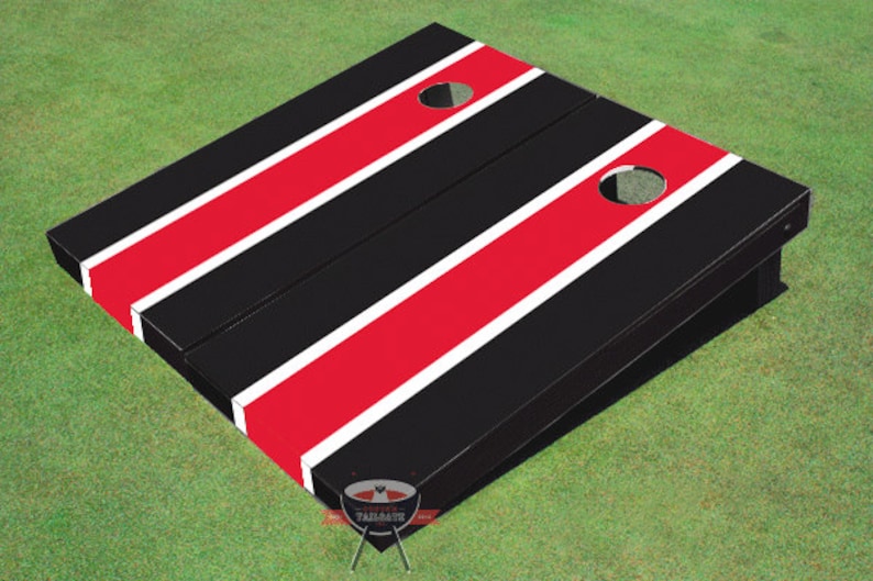 Painted Corn Hole Red and Black Matching Long Stripe Cornhole Boards