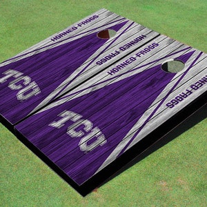 Texas Christian University &quot;TCU&quot; Purple and White Matching Wood Look Triangle Cornhole Boards