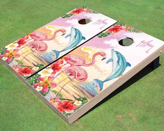 Custom Guy Harvey Flamingo Dolphin Cornhole Boards