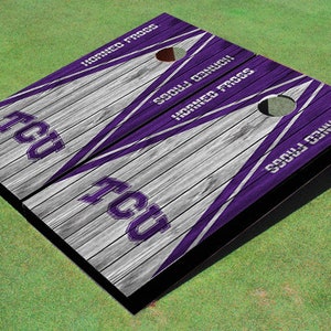 Texas Christian University &quot;TCU&quot; White and Purple Matching Wood Look Triangle Cornhole Boards