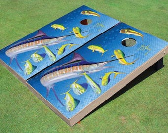 Custom Guy Harvey Mahi Skin With Marlin Cornhole Boards
