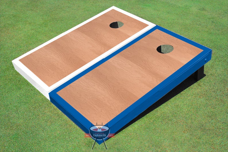 Custom Corn Hole Rosewood Stained With White and Royal Blue border Cornhole Boards