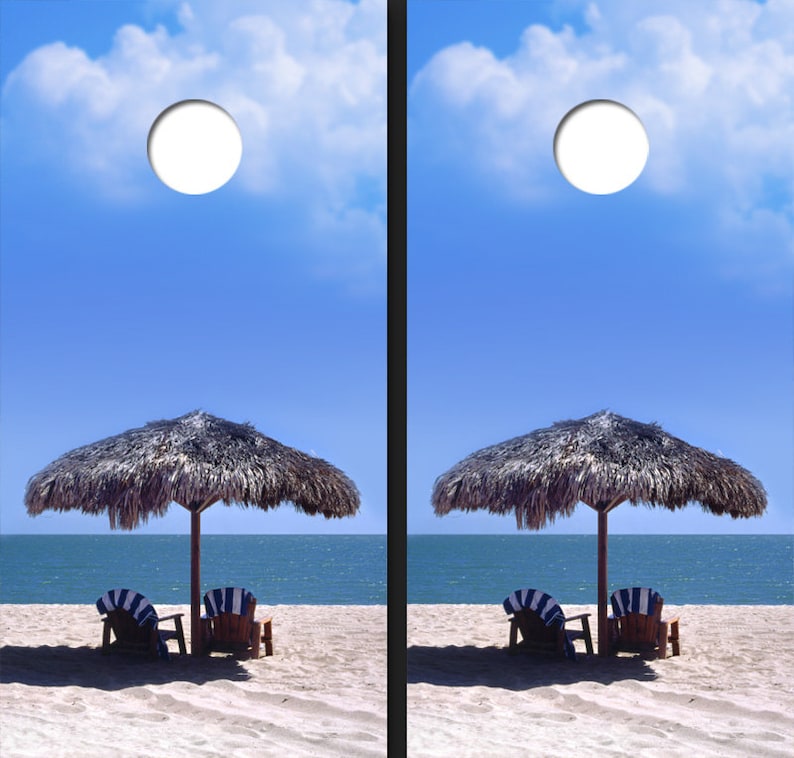 Custom Corn Hole Palapa on beach Graphic Cornhole Boards