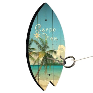 May include: A wooden surfboard with a blue and white beach scene, palm trees, and the text "Carpe Diem".
