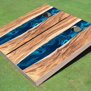 Custom Corn Hole River Table Look Blue 4 Graphic Cornhole Boards