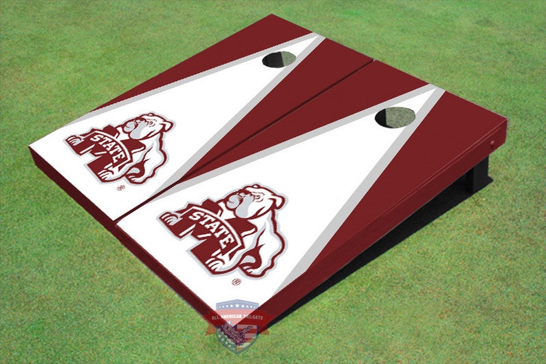 Corn Hole NCAA Mississippi State University Bulldog White And Maroon Matching Triangle Cornhole Boards
