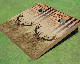 Burnt American Flag Deer In Tall Grass  Custom Cornhole Boards (Wood Frames)