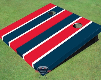 Painted Corn Hole Red and Navy Alternating Long Stripe Cornhole Boards