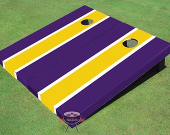 Painted Corn Hole Yellow and Purple Matching Long Stripe Cornhole Boards