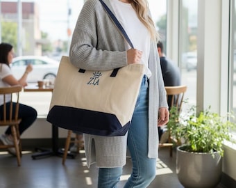 Bolso tote con cremallera y bordado ZTA, Zeta, bolso de hermandad griega