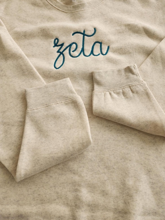 zeta Script Fleece Crew Neck Long Sleeve Sweatshirt with Embroidered Chain-Stitch Letters, ZTA Sweatshirt, Zeta Tau Alpha