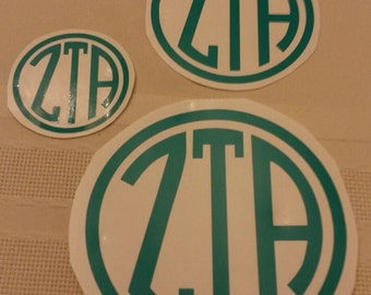 Calcomanía circular ZTA, calcomanía redonda ZTA, monograma ZTA, calcomanía de hermandad, Zeta Tau Alpha
