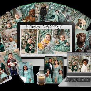 May include: A collection of printed photographs, a tablet, a laptop, and a smartphone, all displaying holiday-themed images. The photos feature families, children, and pets in festive attire. The words "happy holidays" are displayed on the screens.