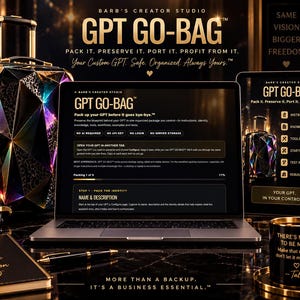 Può includere: Una valigia nera con motivo geometrico iridescente, un portatile con l'interfaccia GPT GO-BAG, un tablet, uno smartphone, un taccuino nero con testo dorato e una tazza nera con il testo dorato There's money to be made.