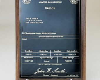 Amateur Radio License Plaque - Black & Gold on Walnut