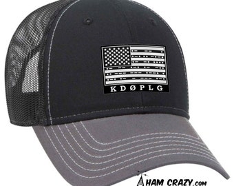 US Flag Leather-look Patch Ham Radio Hat with Callsign