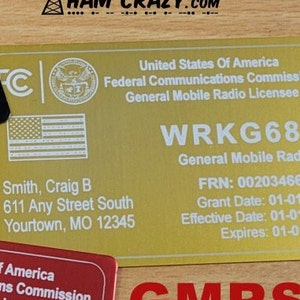 ALUMINUM 2 Sided FCC Ham & GMRS License Reference Copy Card Amateur Radio and General Mobile Radio on one card Gold