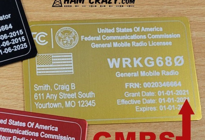 ALUMINUM 2 Sided FCC Ham & GMRS License Reference Copy Card Amateur Radio and General Mobile Radio on one card Gold