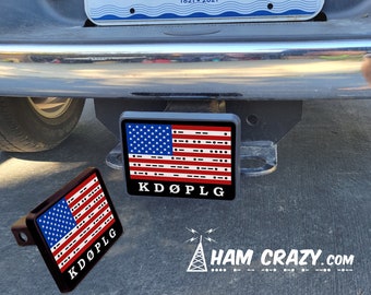 Ham Radio Call Sign Hitch Cover with American Flag and Morse Code Message