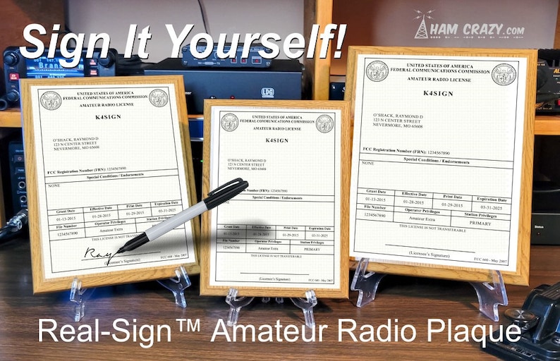 May include: Three framed amateur radio licenses with the call sign K4SIGN. The licenses are on a wooden table with a black marker pen on top of the leftmost license. The text "Real-Sign&trade; Amateur Radio Plaque" is at the bottom of the image.