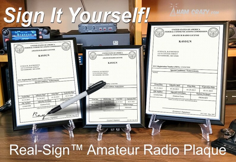 May include: Three black framed documents with the text "United States of America Federal Communications Commission Amateur Radio License" and "K4SIGN" on them. The documents are on a wooden surface with a white marker lying on top of them. The text "Real-Sign&trade; Amateur Radio Plaque" is at the bottom of the image.