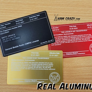 ALUMINUM FCC GMRS Amateur Radio License Reference Copy Card