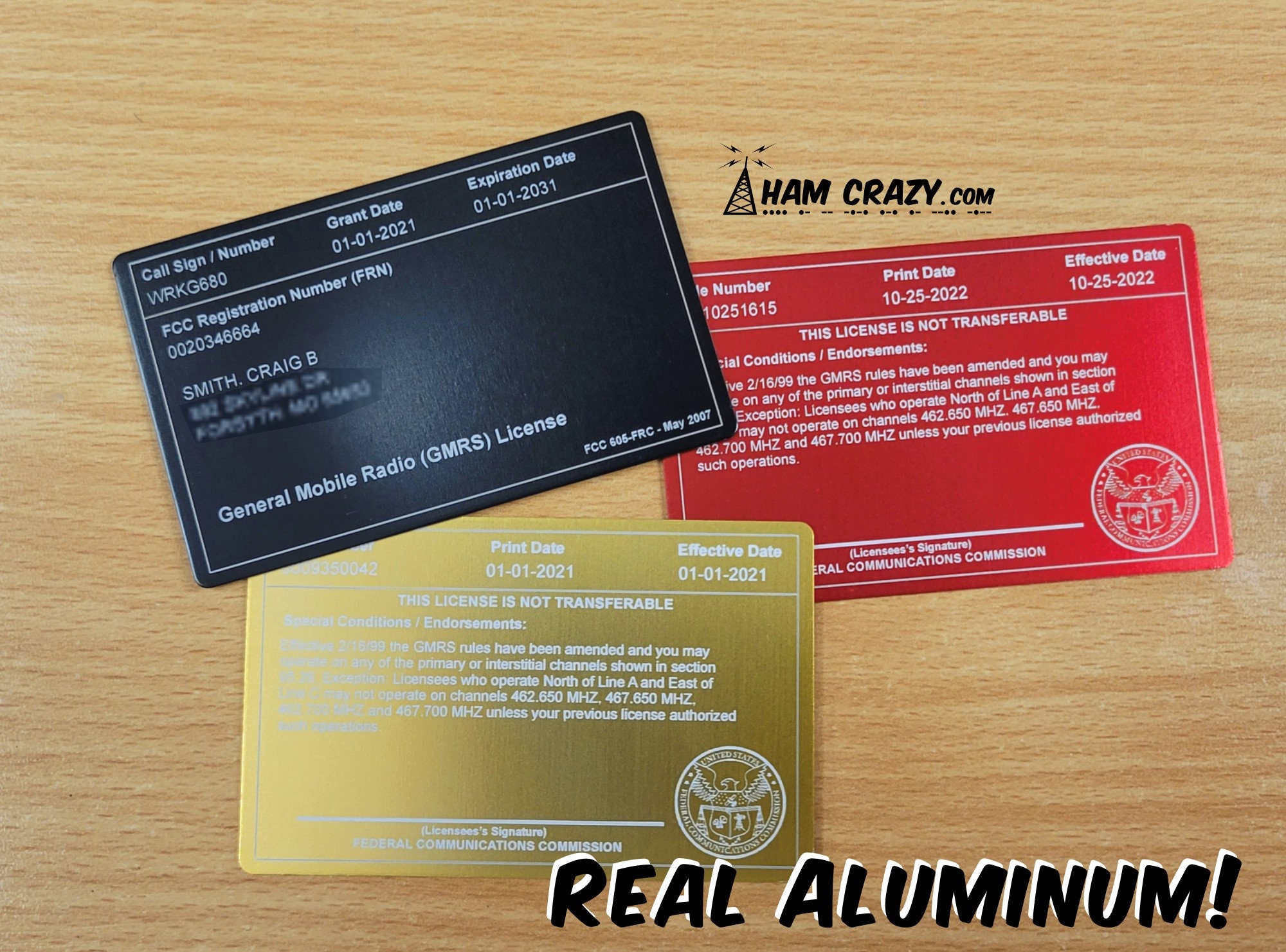 ALUMINUM FCC GMRS Amateur Radio License Reference Copy Card