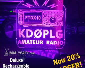 Yaesu FTDX-10 Lighted Ham Radio Callsign Display LED Amateur Radio N0W 20% LARGER - Includes Deluxe Rechargeable Base!