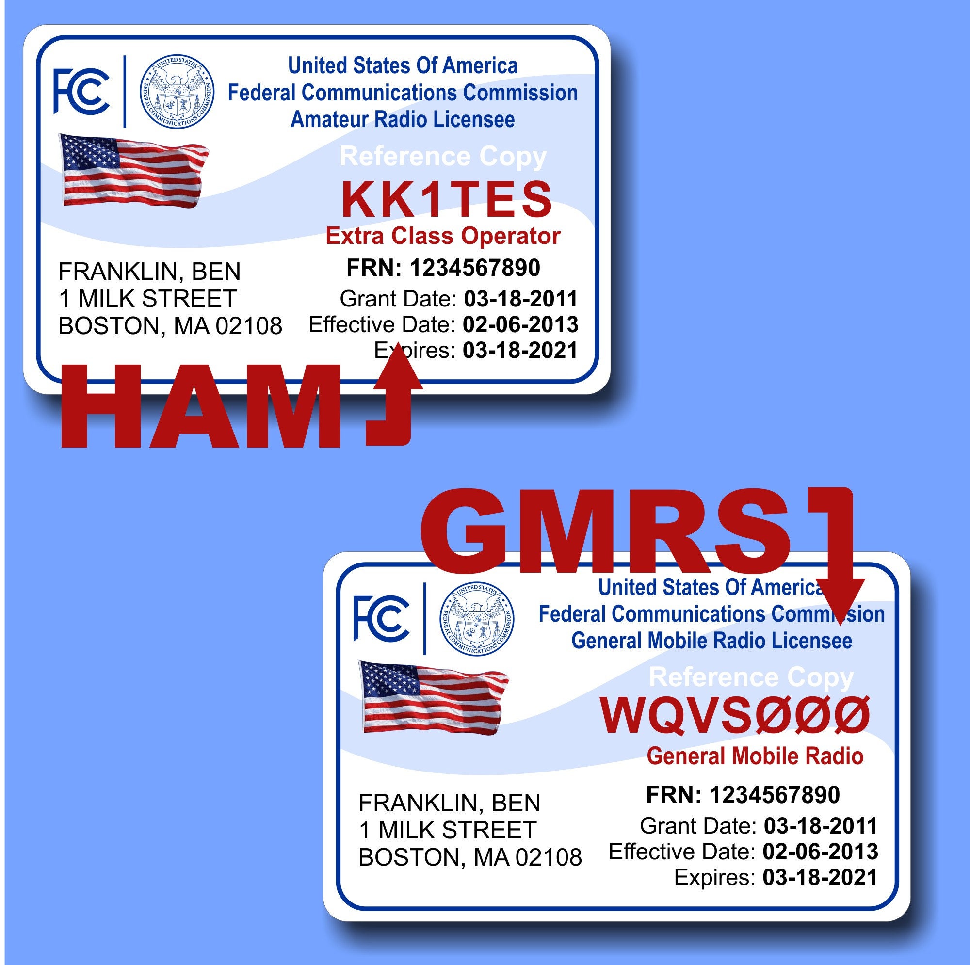 2 Sided FCC Ham and GMRS Radio License ID Card photo