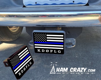 Ham Radio Call Sign Hitch Cover American Flag & Law Enforcement Blue Line