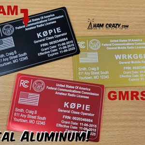 ALUMINUM 2 Sided FCC Ham & GMRS License Reference Copy Card - Amateur Radio and General Mobile Radio on one card!