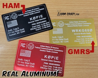 ALUMINUM 2 Sided FCC Ham & GMRS License Reference Copy Card - Amateur Radio and General Mobile Radio on one card!