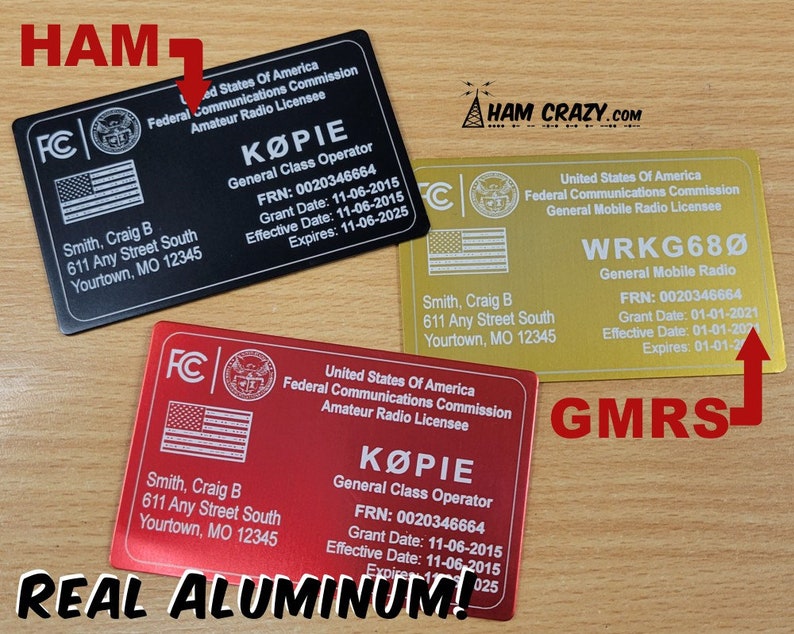 ALUMINUM 2 Sided FCC Ham & GMRS License Reference Copy Card Amateur Radio and General Mobile Radio on one card image 1