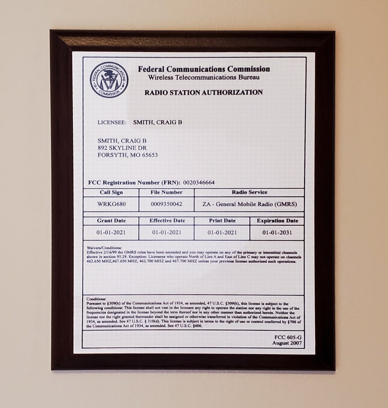 FCC GMRS License Plaque for General Mobile Radio Service Etsy