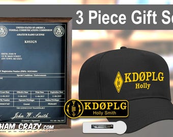 Ham Radio Call Sign Hat, Name Badge & Walnut FCC License Plaque Gift Set